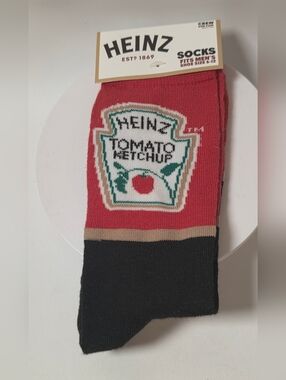 Heinz Tomato Ketchup Crew Socks Men's Shoe Size 6-12 Red Black NWT Novelty